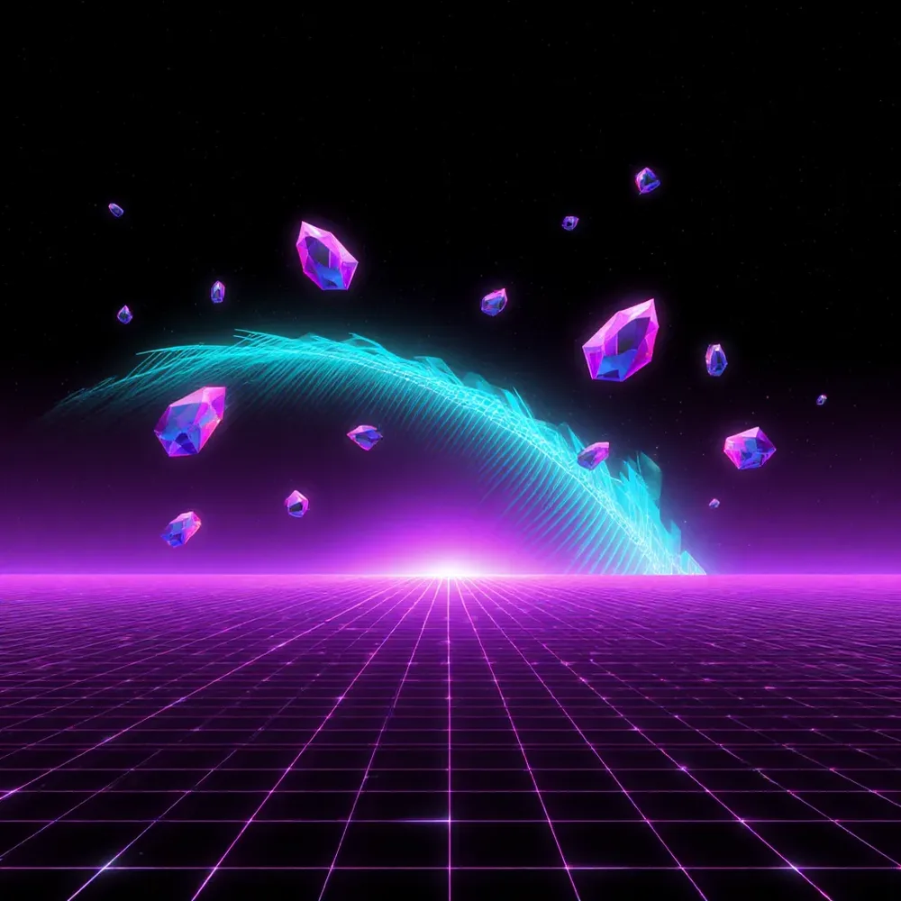 Pochette de l'album Level Up ! : grille synthwave violette, onde sonore cyan et éclats de cristal
