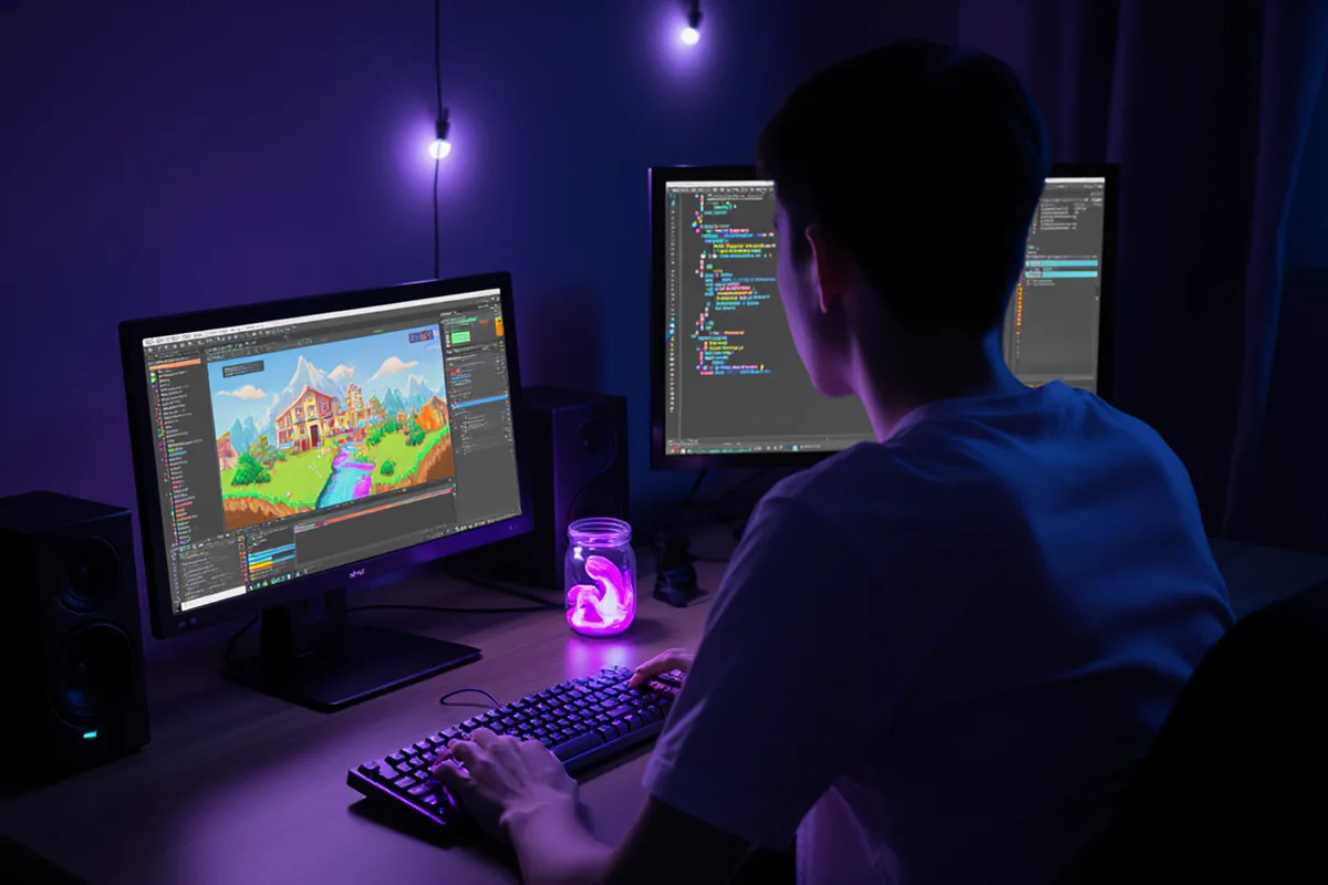 Bureau de nuit avec deux écrans de développement de jeu et un bocal lumineux violet à côté du clavier