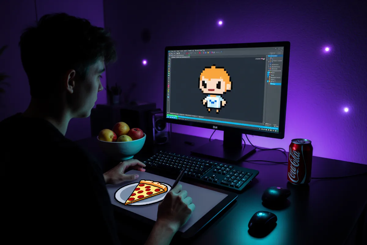 Bureau de nuit, personnage en pixel-art à l'écran, part de pizza et bol de fruits à côté du clavier