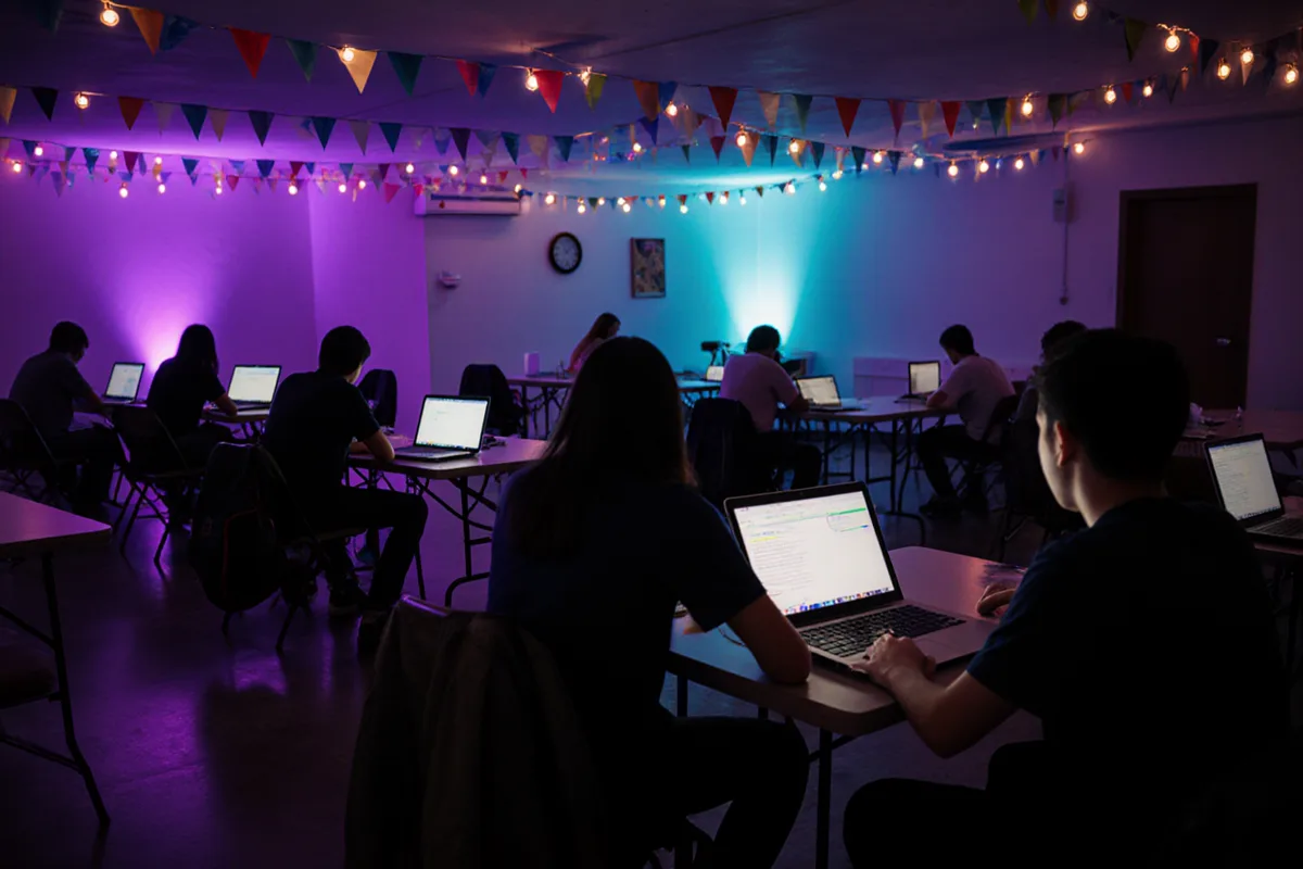 Salle associative décorée de guirlandes, petites équipes de dos autour de tables pliantes et de portables