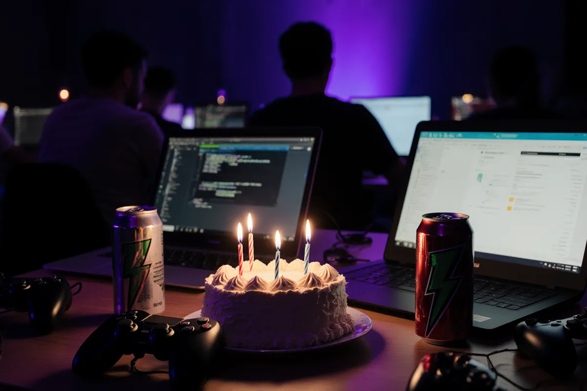 Gâteau d'anniversaire à trois bougies posé entre des portables et des manettes, équipes floues à l'arrière-plan