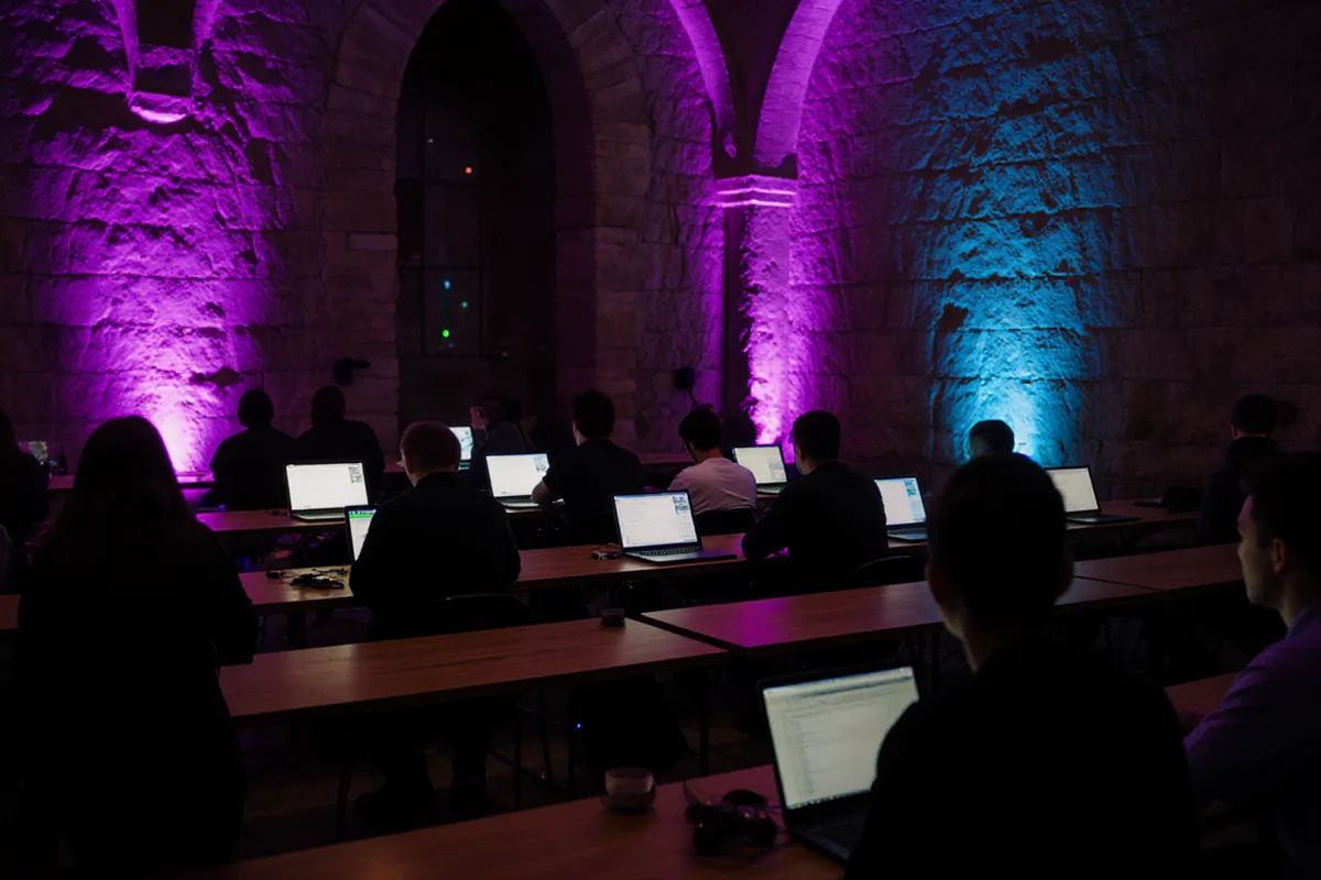 Salle voûtée en pierre éclairée en violet, rangées de portables et participants de dos