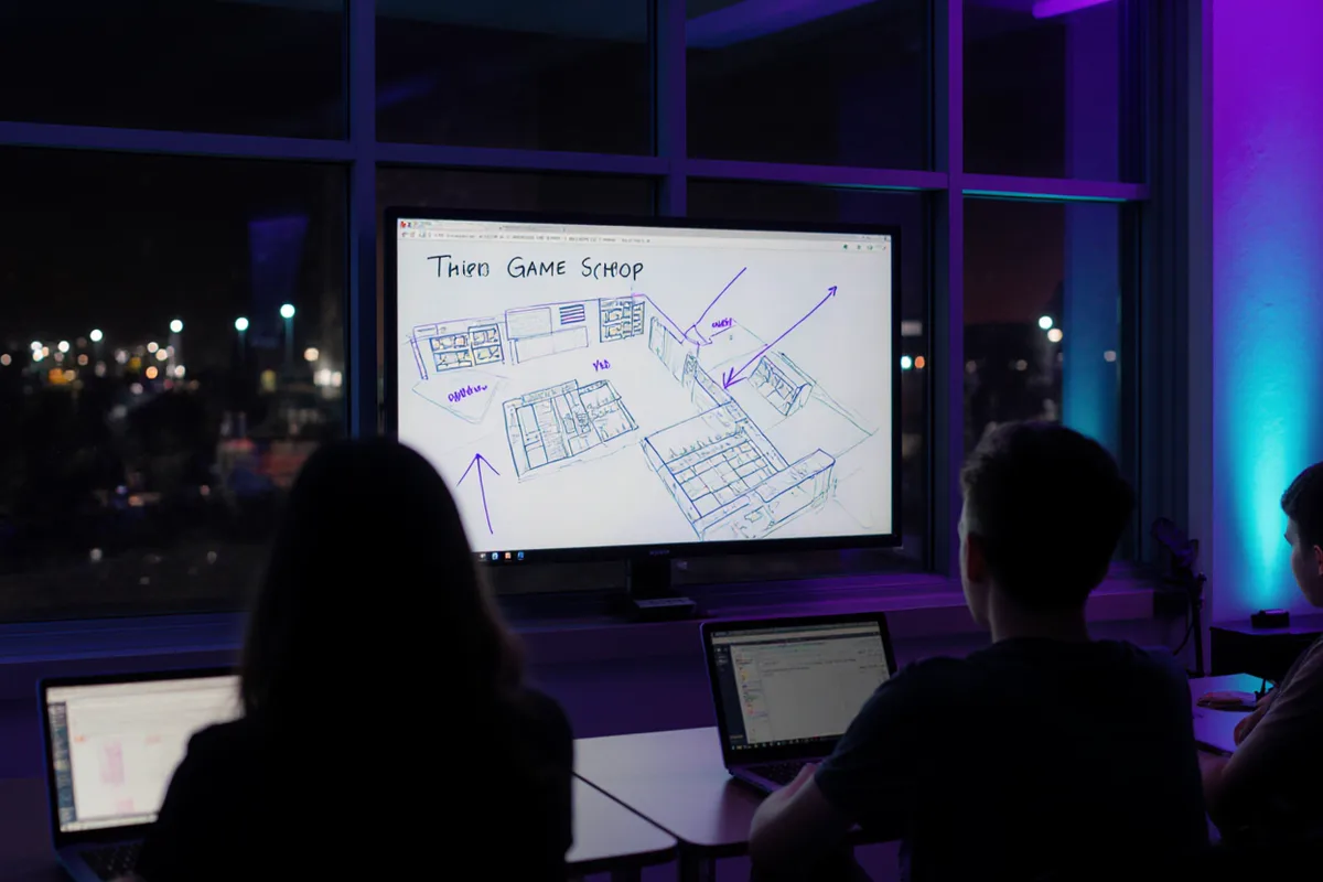 Salle de cours de nuit, croquis de niveaux de jeu au tableau et étudiants de dos devant leurs portables