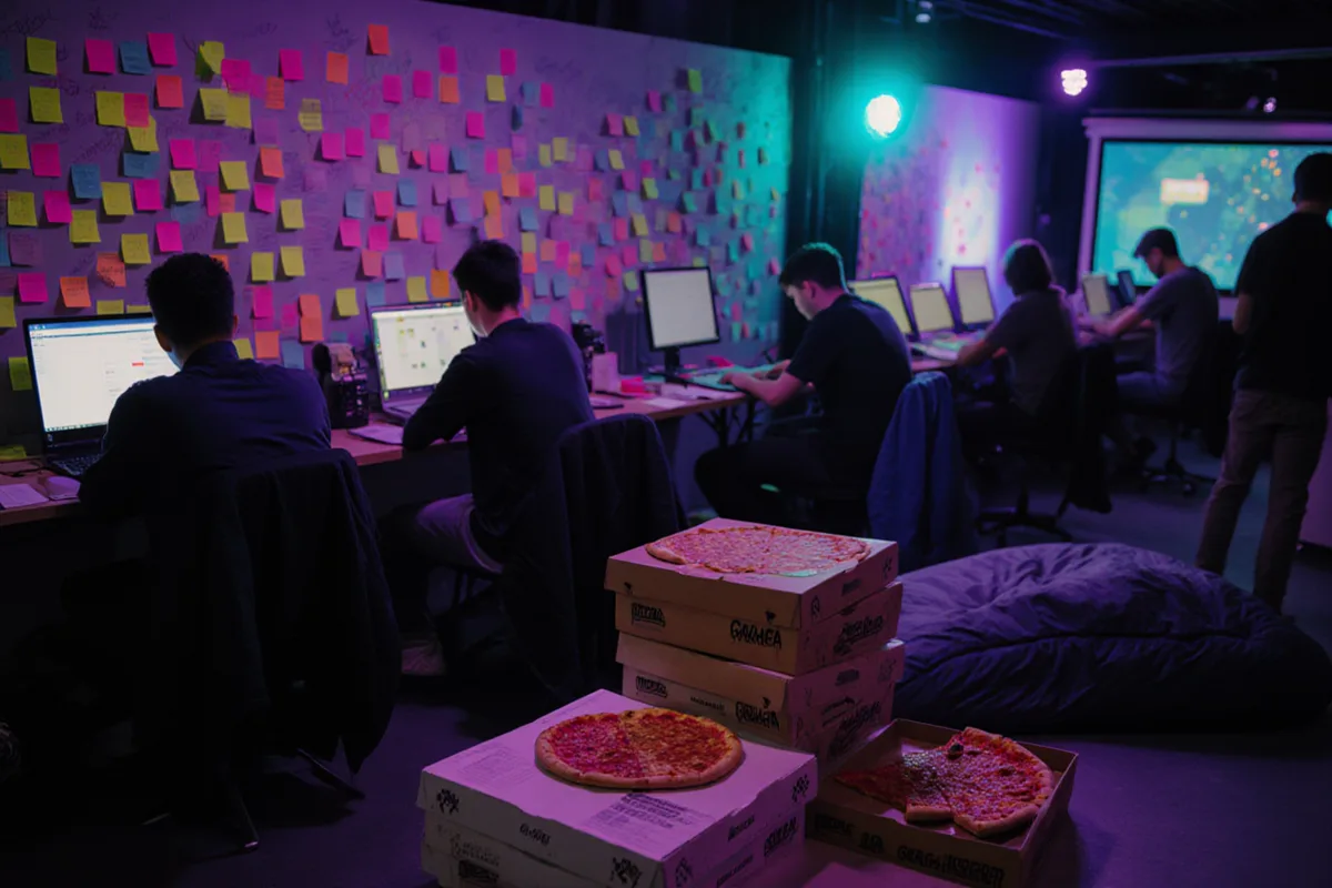 Fin de nuit de Game Jam : mur de post-it colorés, boîtes à pizza et participants de dos devant leurs écrans