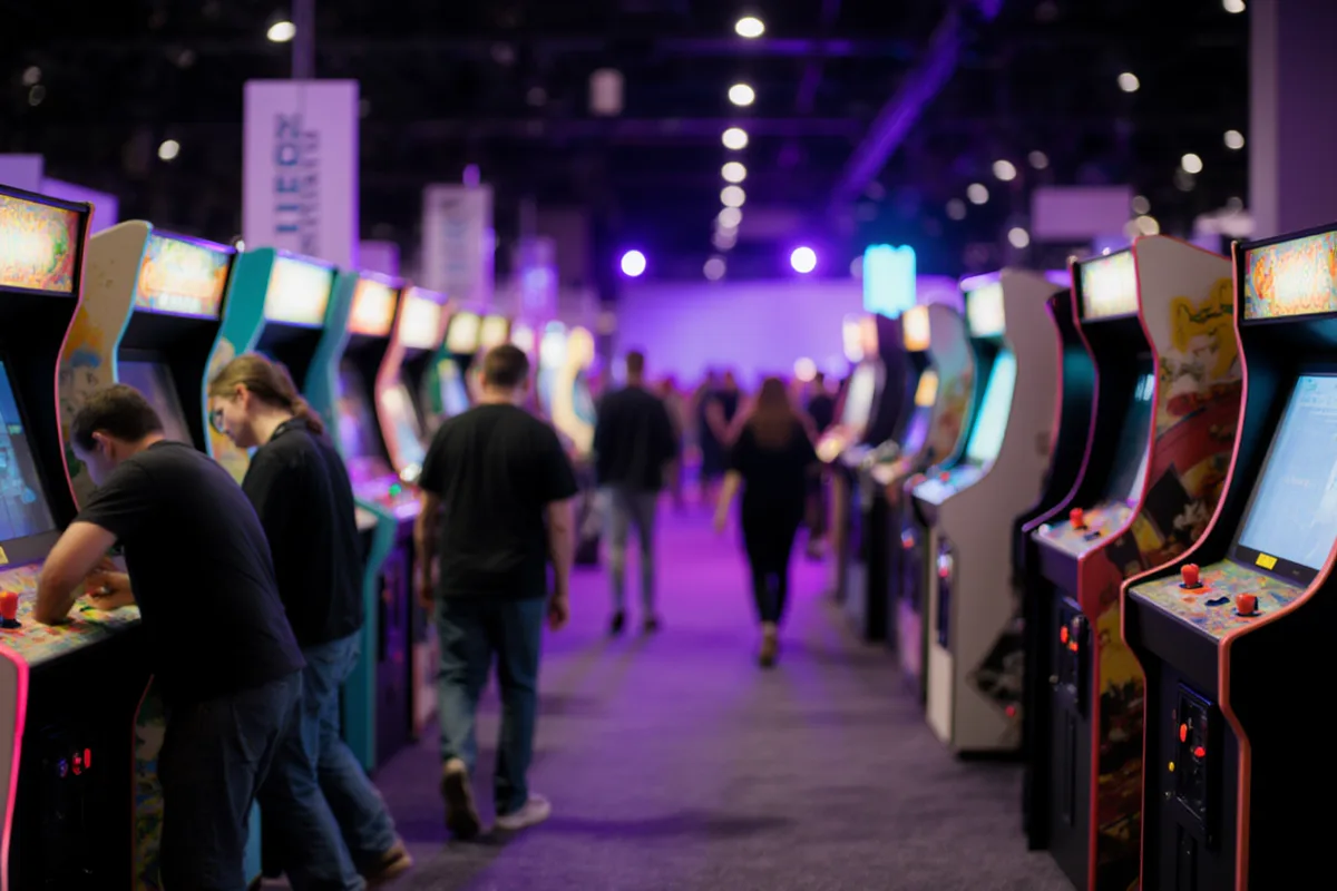 Allée de bornes d'arcade rétro éclairées en violet dans une salle de convention, visiteurs de dos