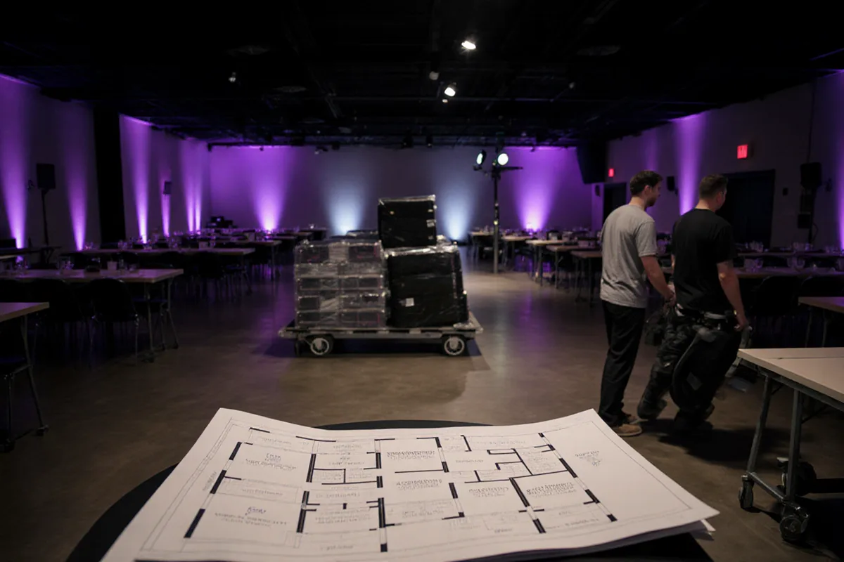 Salle d'événement en cours de montage le soir, plan au sol déplié au premier plan, techniciens et chariot de matériel