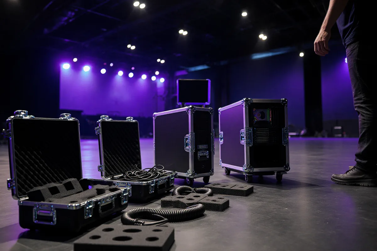 Flight cases ouverts dans une salle sombre, écrans et matériel en préparation avant l'installation
