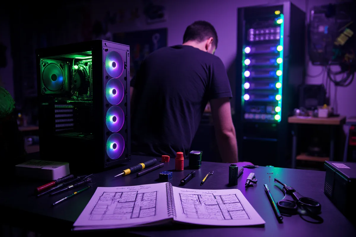 Atelier informatique de nuit : établi, outils, plan d'implantation dessiné et baie serveur allumée