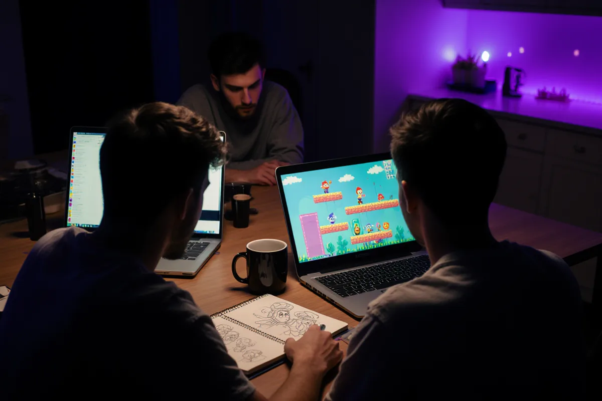 Trois amis autour d'une table de cuisine, de nuit, en train de créer un jeu de plateforme sur leurs portables
