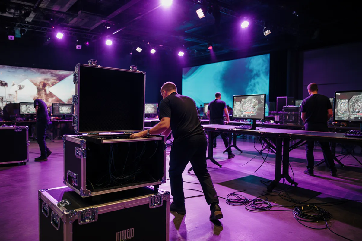 Montage d'une zone PC : flight cases ouverts au premier plan, technicien de dos qui installe les postes
