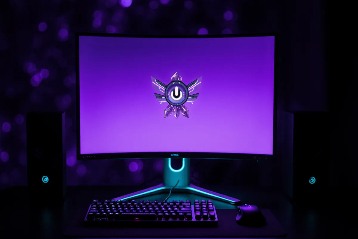 Écran de jeu vu de face affichant le logo DCG Gaming, dans une pièce sombre baignée de violet