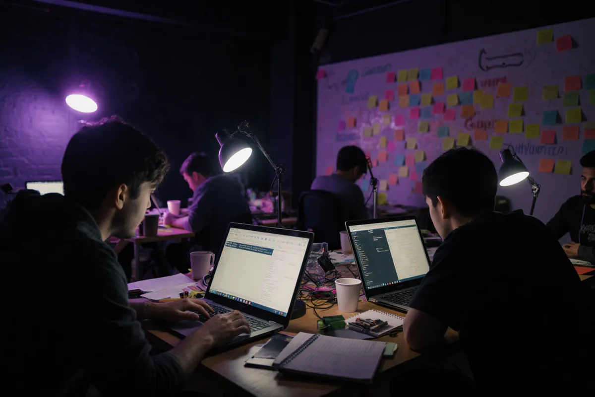 Équipes réunies autour d'ordinateurs portables lors d'une Game Jam nocturne