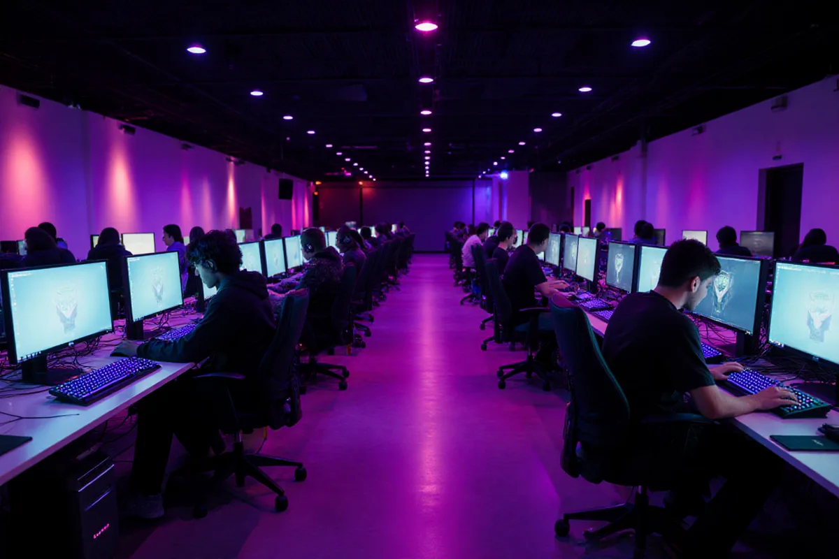 Salle de LAN party de nuit, deux rangées de postes allumés et allées dégagées sous un éclairage violet