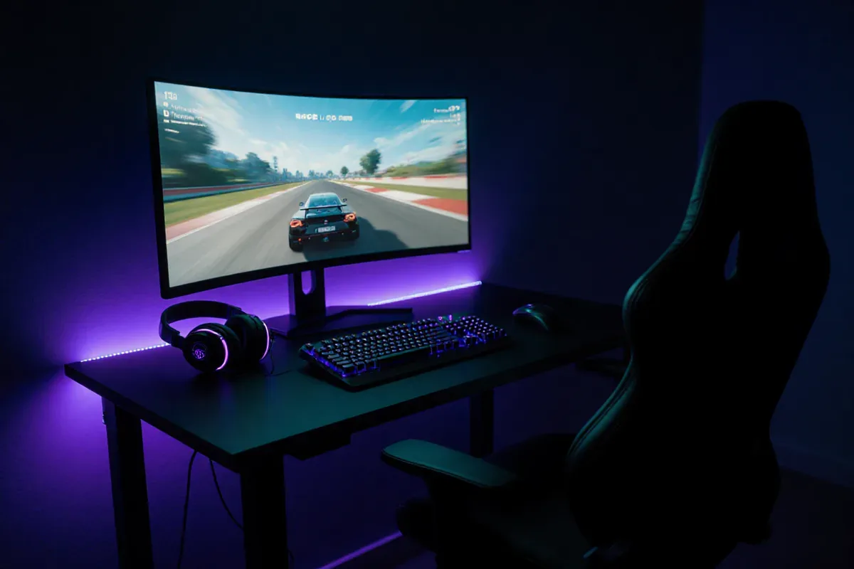 Poste de jeu isolé dans une pièce sombre, écran de course allumé et casque posé sur le bureau
