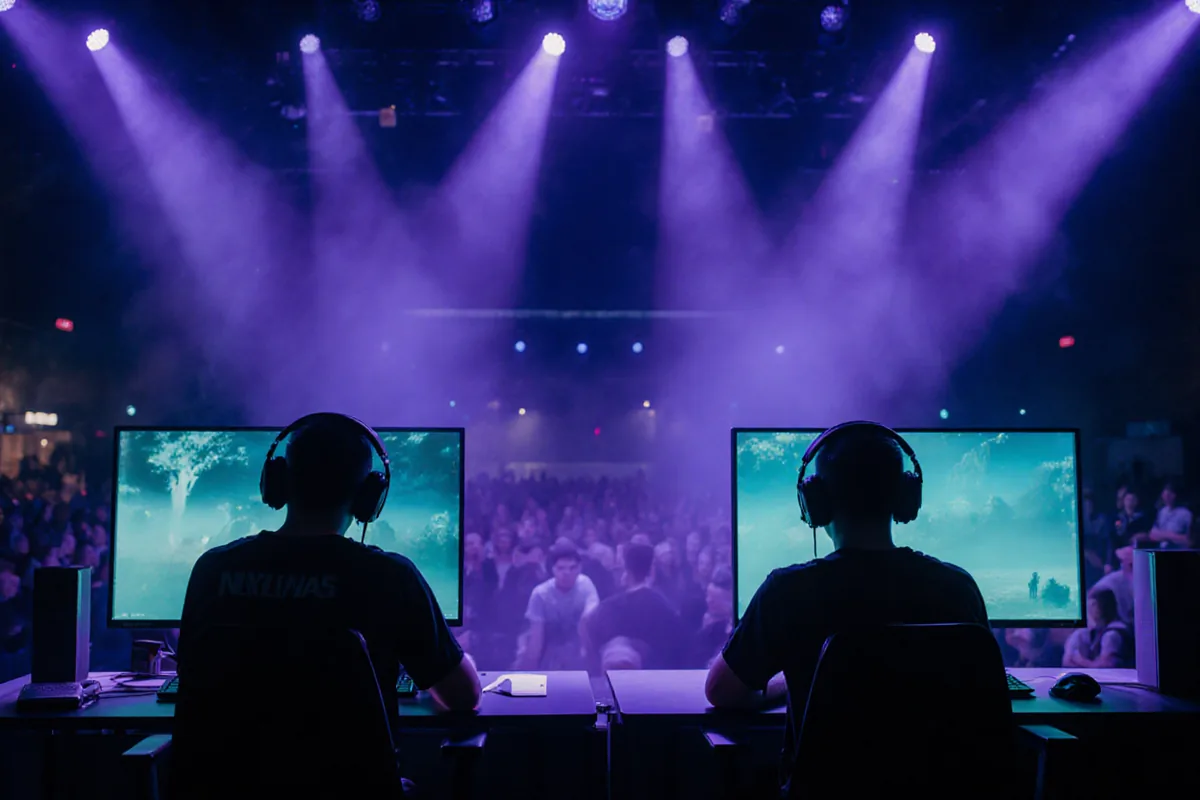 Deux postes de jeu face à face sur une scène de tournoi, sous des projecteurs violets, public en arrière-plan