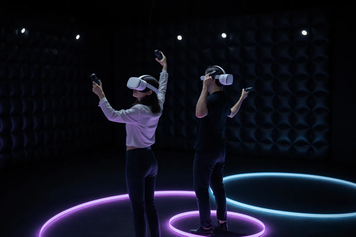 Deux joueurs casque de réalité virtuelle sur la tête dans une arène sombre, manettes en main, anneaux lumineux violets au sol