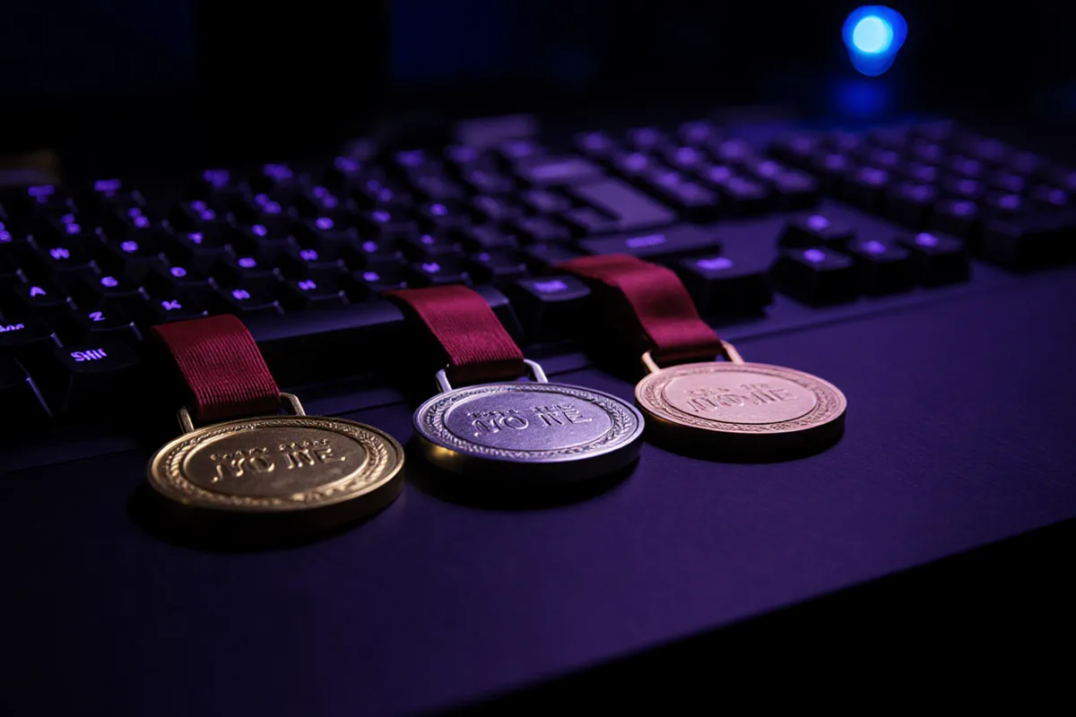 Trois médailles or, argent et bronze posées devant un clavier rétroéclairé violet, lumière rasante