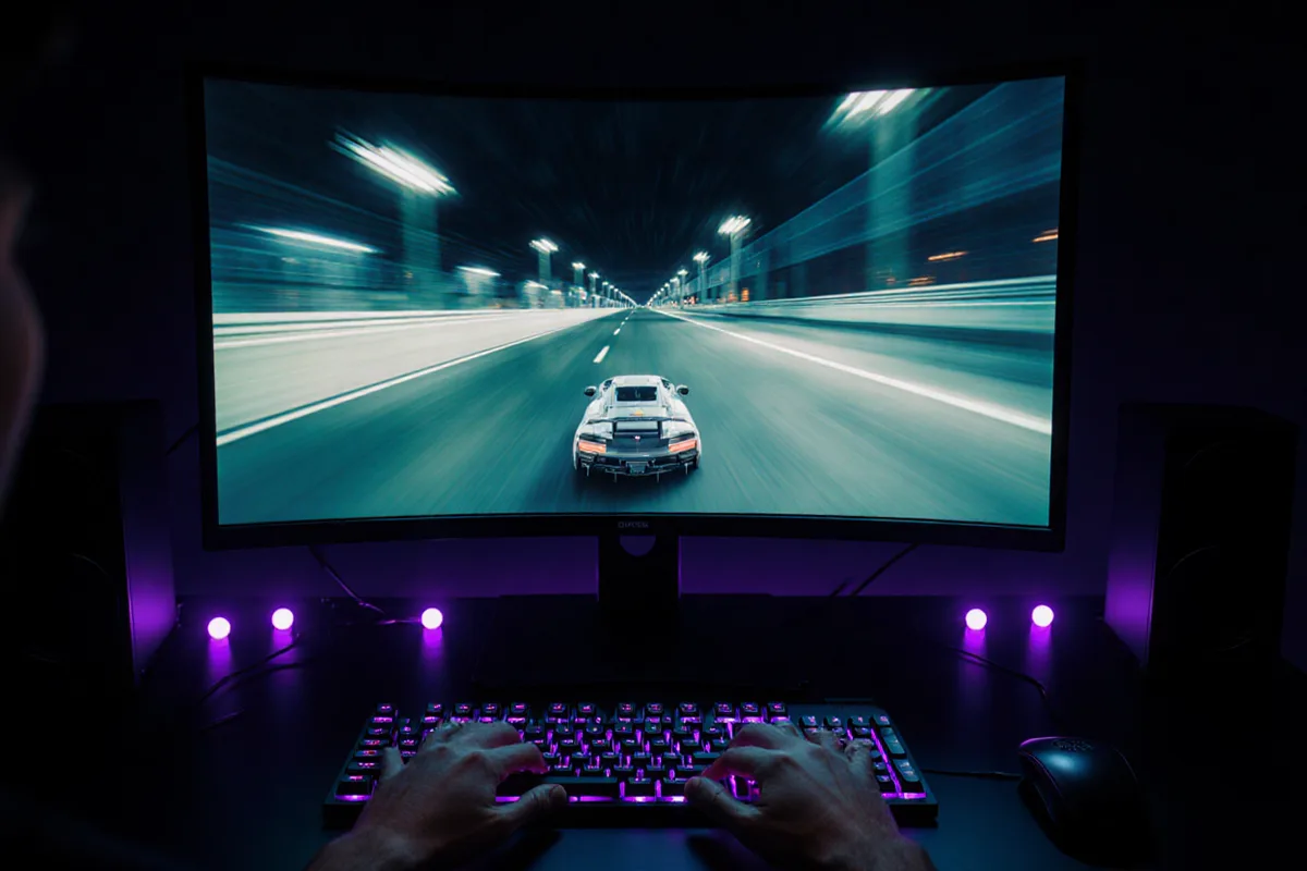 Écran de course en pleine vitesse dans une pièce sombre, mains sur un clavier rétroéclairé violet